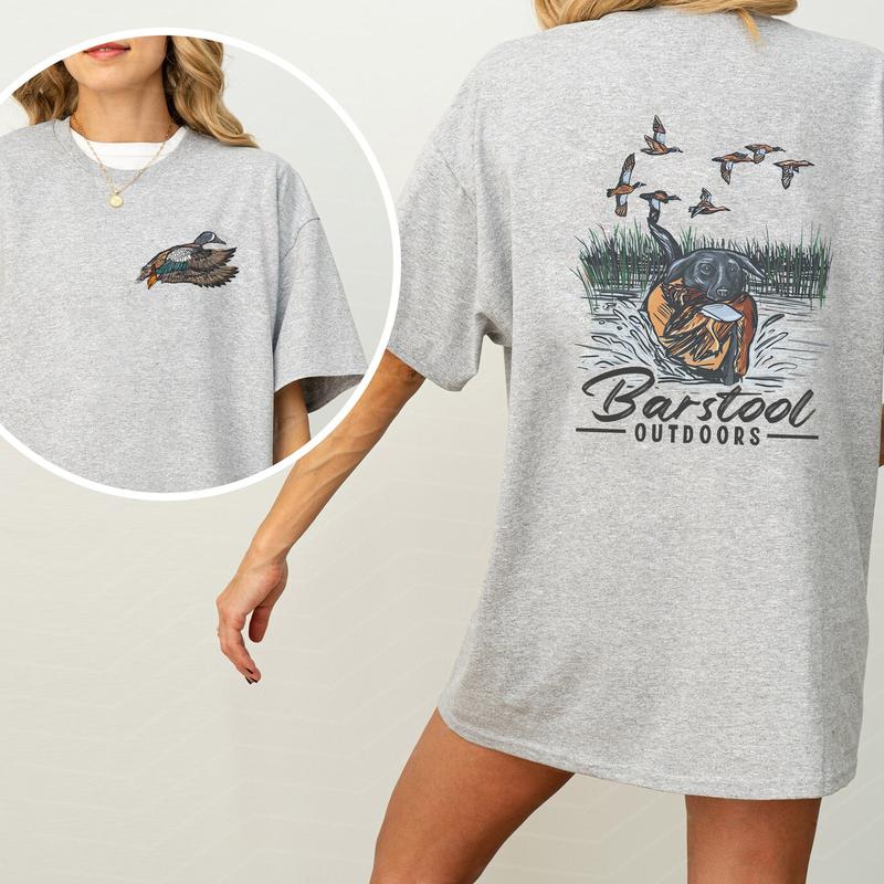 Vintage Barstool Outdoors Duck Hunt 2 Sided Shirt, Mallard Hunting Tshirt, Unisex Graphic Printed Tee, Cotton Shortsleeve Casual Womenswear, Daily Women's Top