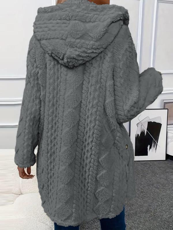 Argyle Textured Button Down Side Slit Long Sleeve Fleece Teddy Coat Hooded Jacket Warm Outwear