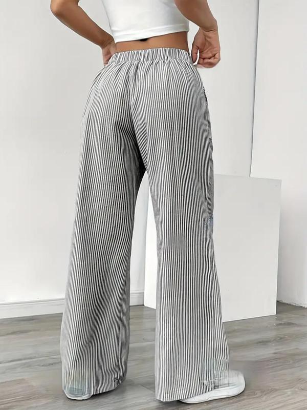 Women's Striped Print Drawstring Waist Straight Leg Pants, Casual Pocket Trousers for Fall & Winter, Women's Bottoms for Daily Wear