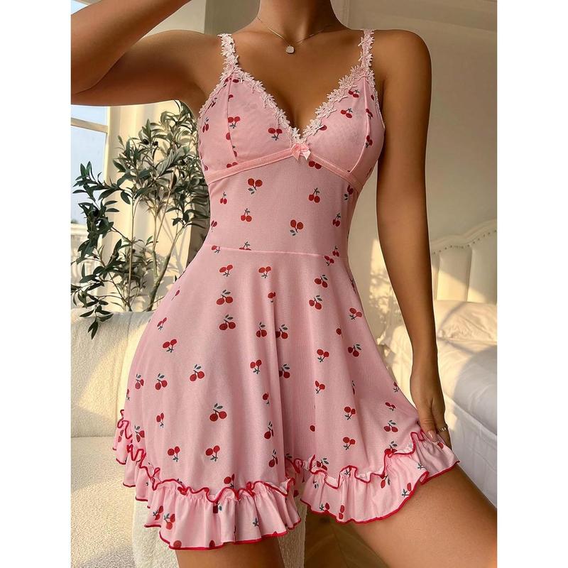 Cute Cherry Print Lace Trim Ruffle Hem Sleeveless Nightgown Chemise Loungewear Nightwear