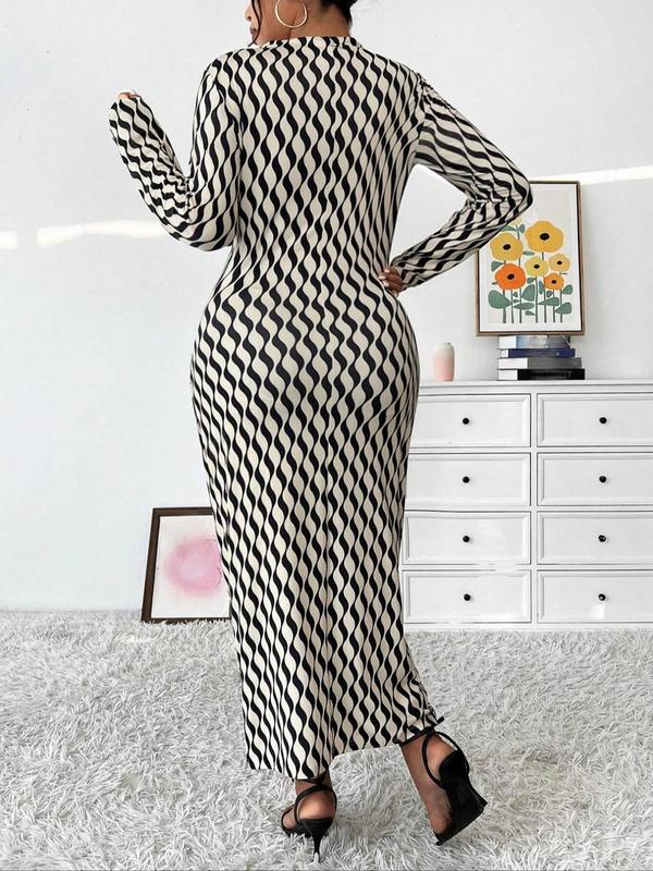 Womenswear  All Over Geometric Print Ruched Mock Neck Bodycon Dress, Formal Wear Elegant Long Sleeve Dress for Party Holiday Wedding Guest, Women's Clothes for Spring & Fall, Fall Outfits, Fallfreshness