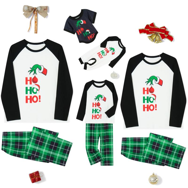 Matching Christmas Pajamas For Family Cartoon Print Raglan Long Sleeve Tops and Plaid Pants Loungewear Soft Sleepwear