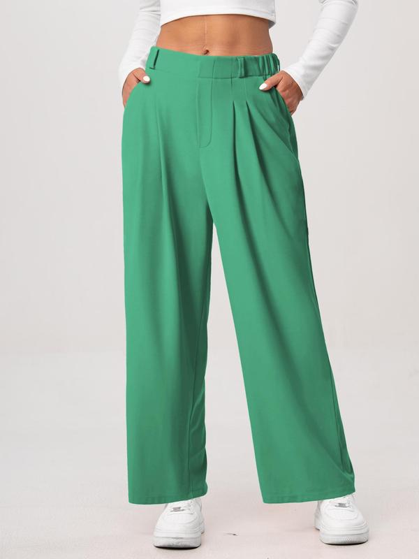 Women's Plain Ruched Pocket Elastic Waist Wide Leg Pants, Casual Comfy Trousers for Daily Wear, Ladies Bottoms for All Seasons