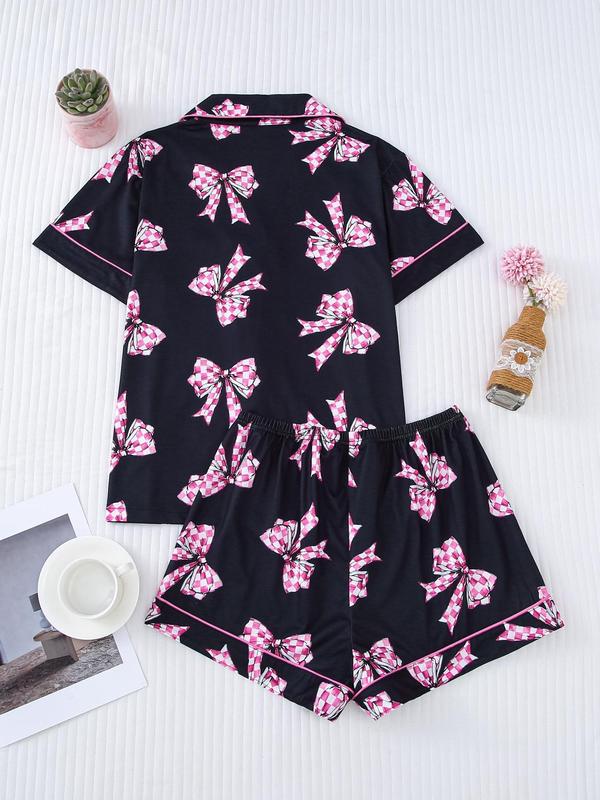 Women's All Over Bow Print Contrast Binding Lapel Shirt & Elastic Waist Shorts Pyjama, Casual Comfy Short Sleeve Pocket Top & Shorts PJ Set, Ladies Sleepwear for All Seasons