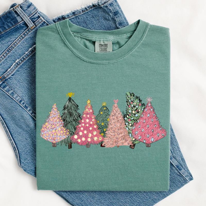 Sketched Christmas Trees, Christmas Heart, Vibrant, Winter, Snow, Xmas Tshirt, Christmas Comfort Colors Tshirt, Women's Graphic Tee, Xmas, Santa, Winter, Snow