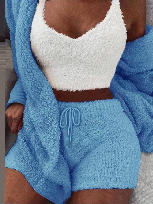 Women's Solid Color Plush Three-Piece Pyjama Set, Casual Comfy V Neck Crop Cami Top & Hooded Coat & Tie Front Shorts Loungewear Set, Fluffy Pajamas, Women's Sleepwear for Winter, PJ Pants, Fluffy Pajamas