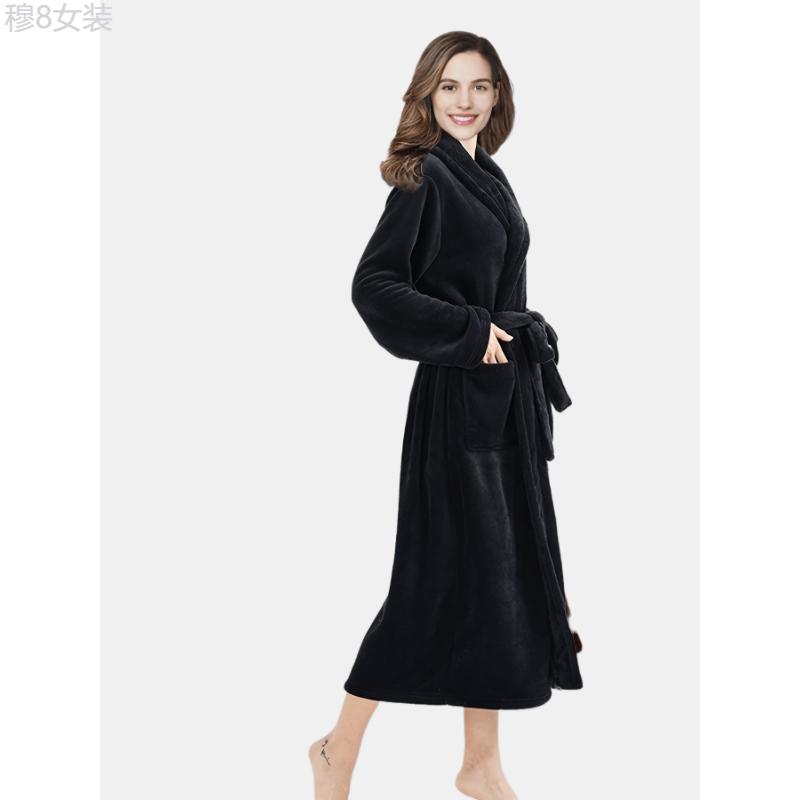 Simple Solid Flannel Long Robe, Warm & Fuzzy Lounge Robe With Pockets & Belt, Women's Sleepwear Fabric Womenswear