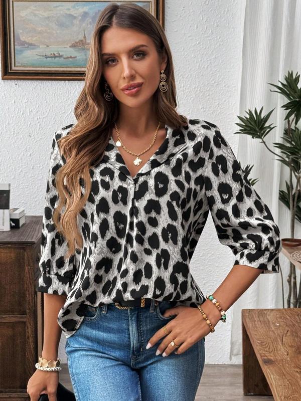 Women's Leopard Print Lapel Neck Blouse, Casual 3 4 Sleeve Top for Business Office Work, Ladies Clothes for All Seasons