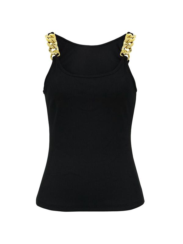 Chain Decor Ribbed Tank Tops for Women, Casual Round Neck Sleeveless Top, Ladies Clothes for Daily Wear