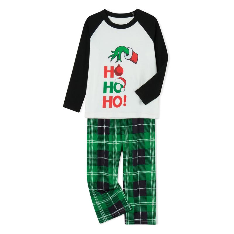 Matching Christmas Pajamas For Family Cartoon Print Raglan Long Sleeve Tops and Plaid Pants Loungewear Soft Sleepwear