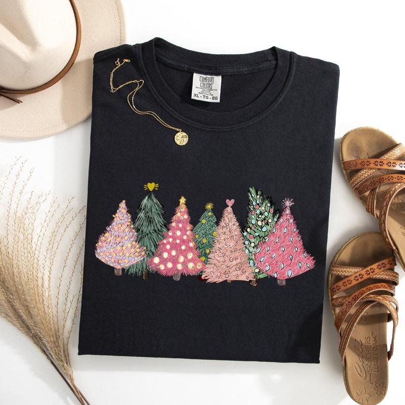 Sketched Christmas Trees, Christmas Heart, Vibrant, Winter, Snow, Xmas Tshirt, Christmas Comfort Colors Tshirt, Women's Graphic Tee, Xmas, Santa, Winter, Snow