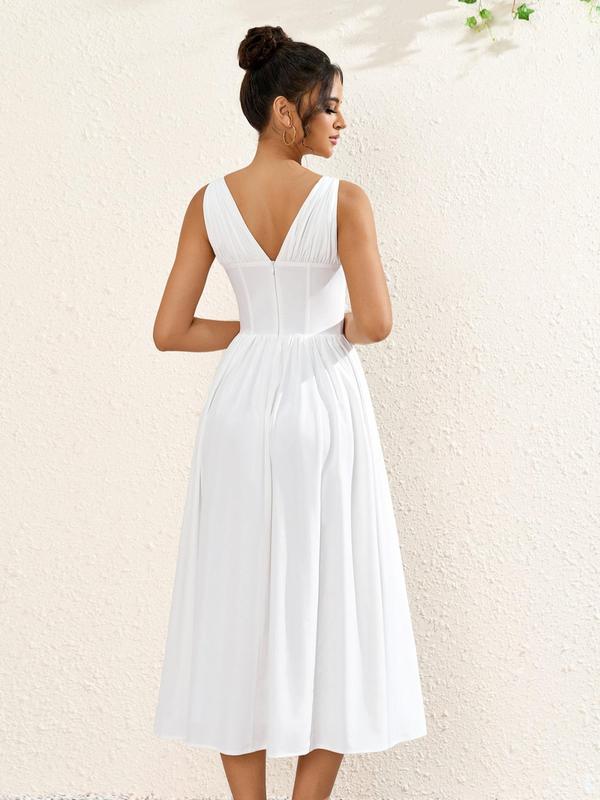 Women's Plain Backless Tie Front A Line Dress, Elegant Deep V Neck Sleeveless Zipper Back Long Dress for Party Holiday Wedding Guest, Ladies Summer Clothes