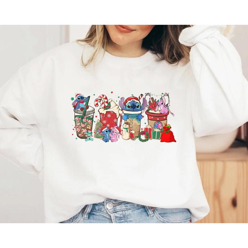 Cute Stiiiiiitch and Angel Coffee Tea Sweatshirt, Cartoon Couples Xmas Latte Drink Cup Lights Tee, Lilo Stiiiiitch Epcot Shirt, Cartoon Vacation Gift 1V4A