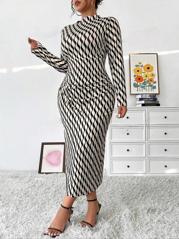 Womenswear  All Over Geometric Print Ruched Mock Neck Bodycon Dress, Formal Wear Elegant Long Sleeve Dress for Party Holiday Wedding Guest, Women's Clothes for Spring & Fall, Fall Outfits, Fallfreshness