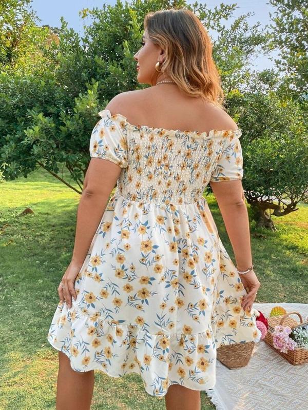  All Over Floral Print Frill Trim Shirred Off Shoulder A Line Vintage Dress, Plus Boho Romantic Short Sleeve Ruffle Hem Knee Length Dress for Beach Vacation Holiday Wedding Guest, Women's Plus Clothes for Summer, Plus Size Fall Clothing