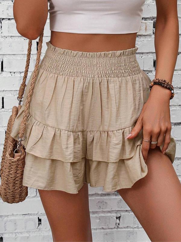 Women's Tiered Layer Ruffle Hem Shorts, Casual Shirred High Waist Shorts, Shorts for Women, Ladies Bottoms for Daily Wear