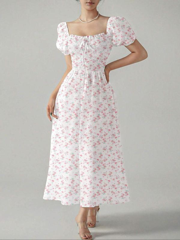 Women's Ditsy Floral Print Frill Shirred Tie Front A Line Dress, Boho Romantic Puff Sleeve Square Neck Long Dress for Beach Vacation Holiday Wedding Guest, Ladies Summer Clothes