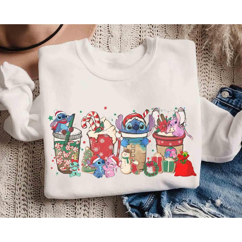 Cute Stiiiiiitch and Angel Coffee Tea Sweatshirt, Cartoon Couples Xmas Latte Drink Cup Lights Tee, Lilo Stiiiiitch Epcot Shirt, Cartoon Vacation Gift 1V4A