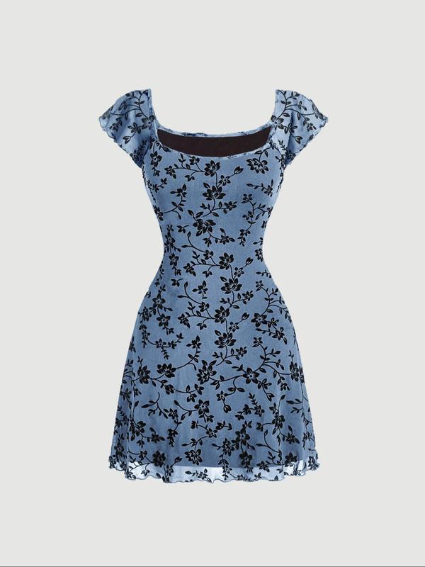 Women's All Over Floral Print Lettuce Trim Square Neck A Line Dress, Y2K Casual Cap Sleeve Short Dress for Daily Wear, Ladies Clothes for All Seasons Casual Wear