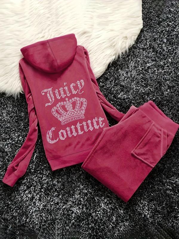 Two-Piece Set Women's Rhinestone Crown Decor Drop Shoulder Zip Up Hoodie & Elastic Waist Pocket Pants, Casual Fashion Cozy Two Piece Outfits for Daily Outdoor Wear, Women Clothes for Fall