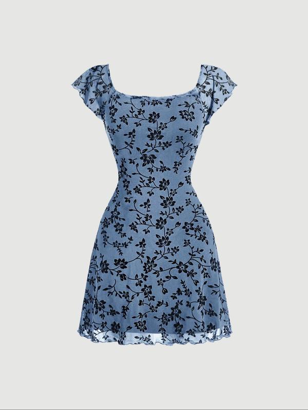 Women's All Over Floral Print Lettuce Trim Square Neck A Line Dress, Y2K Casual Cap Sleeve Short Dress for Daily Wear, Ladies Clothes for All Seasons Casual Wear