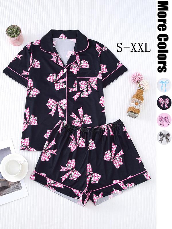 Women's All Over Bow Print Contrast Binding Lapel Shirt & Elastic Waist Shorts Pyjama, Casual Comfy Short Sleeve Pocket Top & Shorts PJ Set, Ladies Sleepwear for All Seasons