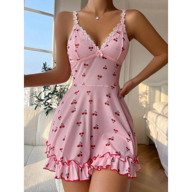 Cute Cherry Print Lace Trim Ruffle Hem Sleeveless Nightgown Chemise Loungewear Nightwear