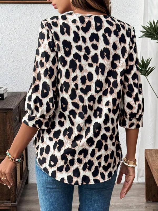 Women's Leopard Print Lapel Neck Blouse, Casual 3 4 Sleeve Top for Business Office Work, Ladies Clothes for All Seasons