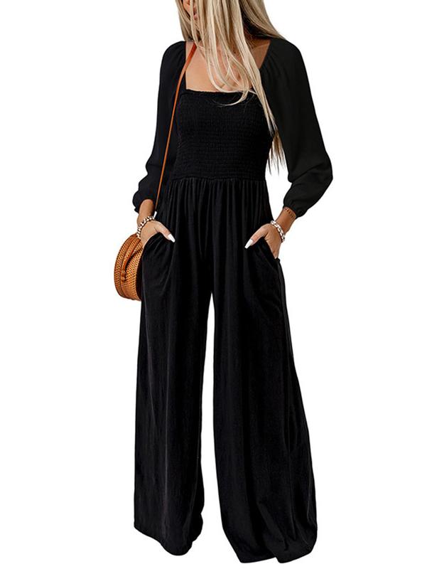 AUXDIO Womens Casual Square Neck Long Sleeve Jumpsuits Loose Smocked Wide Leg Romper with Pockets Women's Long