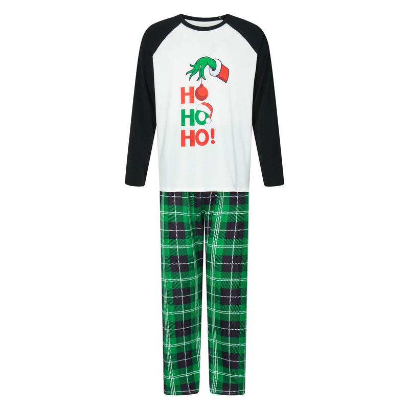 Matching Christmas Pajamas For Family Cartoon Print Raglan Long Sleeve Tops and Plaid Pants Loungewear Soft Sleepwear