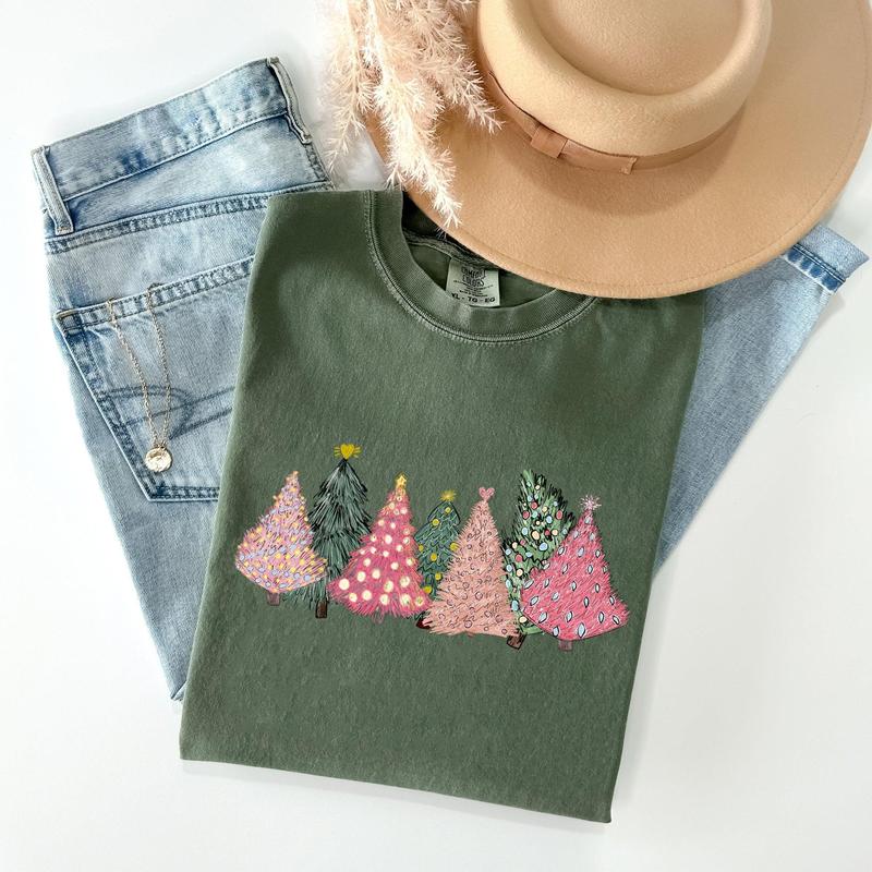 Sketched Christmas Trees, Christmas Heart, Vibrant, Winter, Snow, Xmas Tshirt, Christmas Comfort Colors Tshirt, Women's Graphic Tee, Xmas, Santa, Winter, Snow