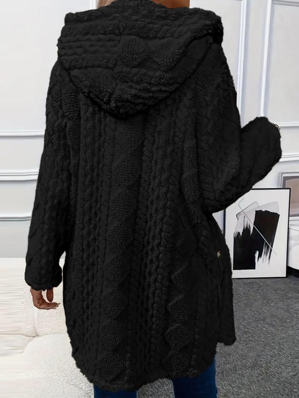 Argyle Textured Button Down Side Slit Long Sleeve Fleece Teddy Coat Hooded Jacket Warm Outwear