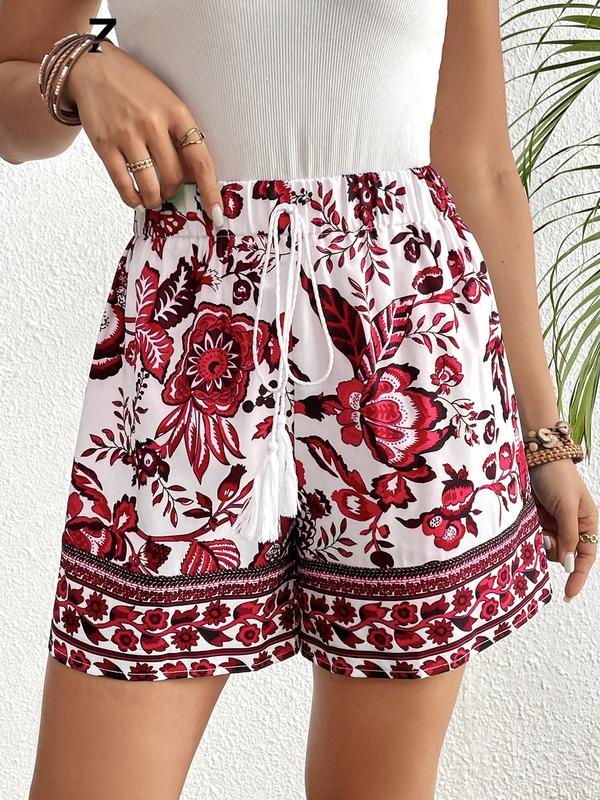 YOZY Women's Floral Print Tie Front Shorts, Boho Casual Tassel Summer Shorts, Ladies Summer Bottoms for Beach Vacation Holiday