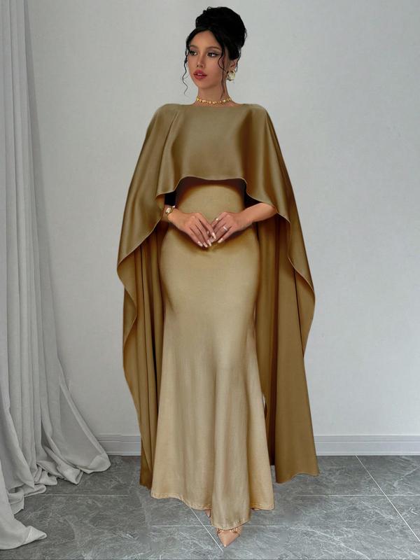 Women's Plain Cloak Sleeve Mermaid Dress, Elegant Boat Neck Extra-long Sleeve Dress for Party Banquet, Ladies Spring & Fall Clothes