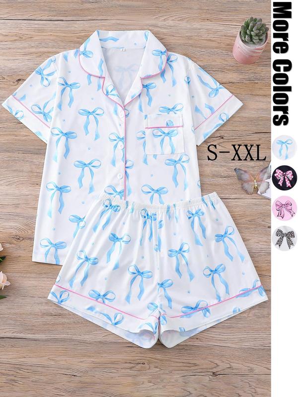 Women's All Over Bow Print Contrast Binding Lapel Shirt & Elastic Waist Shorts Pyjama, Casual Comfy Short Sleeve Pocket Top & Shorts PJ Set, Ladies Sleepwear for All Seasons