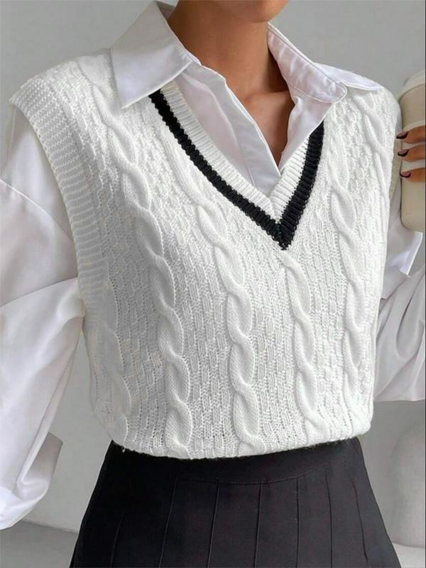 Women's Textured Contrast Binding V Neck Sweater Vest, Preppy Style Sleeveless Jumper Vest for Spring & Fall, Fashion Women's Knitwear for Daily Wear