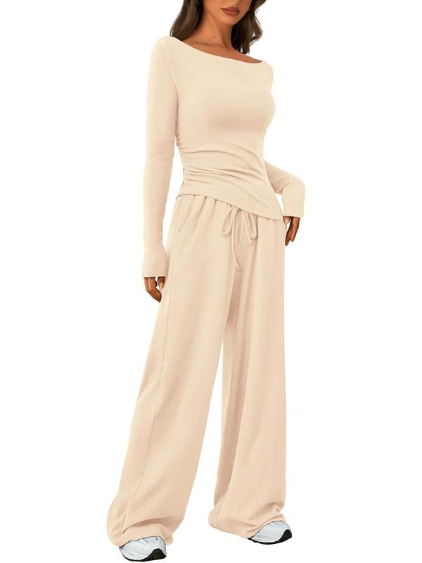 Women's Solid Boat Neck Long Sleeve Tee & Drawstring Waist Wide Leg Pants Loungewear Two-piece Set, Casual Comfy Pyjama Set for Women, Women's Sleepwear for Spring & Fall