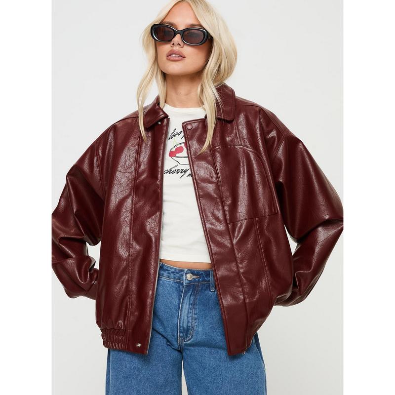 Devija Faux Leather Jacket Burgundy