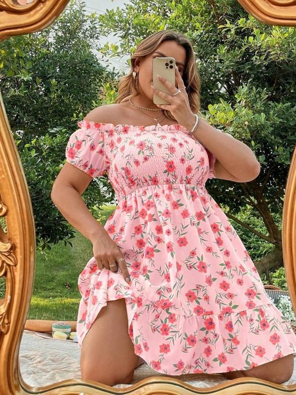  All Over Floral Print Frill Trim Shirred Off Shoulder A Line Vintage Dress, Plus Boho Romantic Short Sleeve Ruffle Hem Knee Length Dress for Beach Vacation Holiday Wedding Guest, Women's Plus Clothes for Summer, Plus Size Fall Clothing