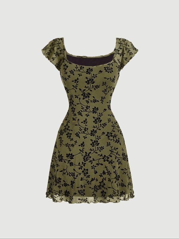 Women's All Over Floral Print Lettuce Trim Square Neck A Line Dress, Y2K Casual Cap Sleeve Short Dress for Daily Wear, Ladies Clothes for All Seasons Casual Wear