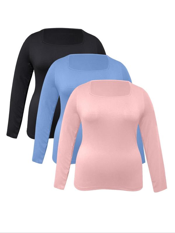 Plus Solid Long Sleeve Square Neck Tee, T Shirts for Women, Casual Comfy T-shirt for Spring & Fall, Women's Plus Size Clothes for Daily Wear, Trendy Casual Outfits 2024