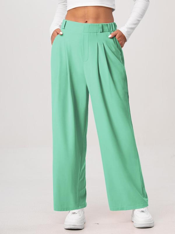 Women's Plain Ruched Pocket Elastic Waist Wide Leg Pants, Casual Comfy Trousers for Daily Wear, Ladies Bottoms for All Seasons