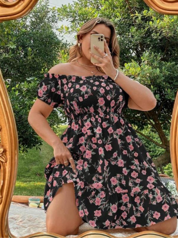  All Over Floral Print Frill Trim Shirred Off Shoulder A Line Vintage Dress, Plus Boho Romantic Short Sleeve Ruffle Hem Knee Length Dress for Beach Vacation Holiday Wedding Guest, Women's Plus Clothes for Summer, Plus Size Fall Clothing