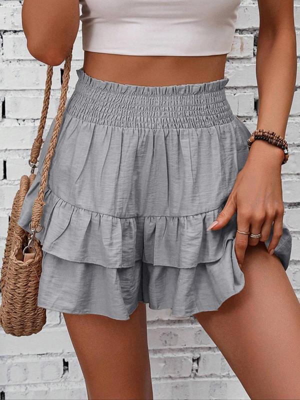 Women's Tiered Layer Ruffle Hem Shorts, Casual Shirred High Waist Shorts, Shorts for Women, Ladies Bottoms for Daily Wear