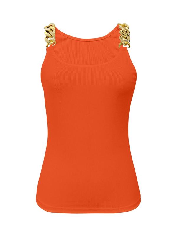 Chain Decor Ribbed Tank Tops for Women, Casual Round Neck Sleeveless Top, Ladies Clothes for Daily Wear