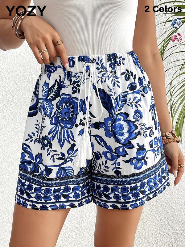 YOZY Women's Floral Print Tie Front Shorts, Boho Casual Tassel Summer Shorts, Ladies Summer Bottoms for Beach Vacation Holiday