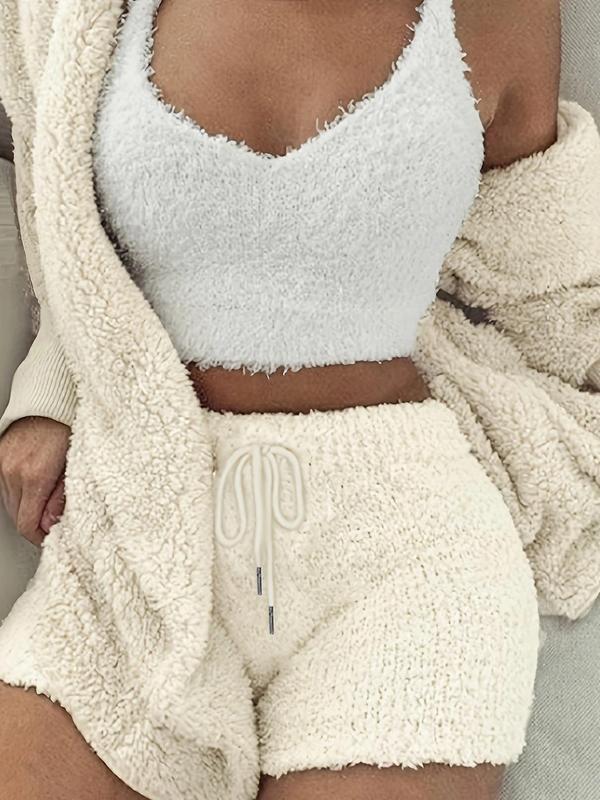 Women's Solid Color Plush Three-Piece Pyjama Set, Casual Comfy V Neck Crop Cami Top & Hooded Coat & Tie Front Shorts Loungewear Set, Fluffy Pajamas, Women's Sleepwear for Winter, PJ Pants, Fluffy Pajamas