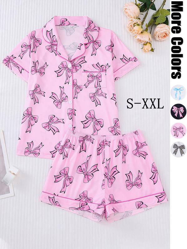 Women's All Over Bow Print Contrast Binding Lapel Shirt & Elastic Waist Shorts Pyjama, Casual Comfy Short Sleeve Pocket Top & Shorts PJ Set, Ladies Sleepwear for All Seasons