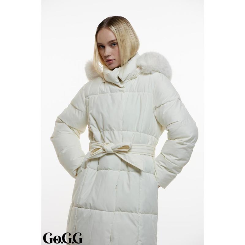 Go.G.G Faux Fur Long Belted Puffer Coat Womenswear Jackets Casual Fabric, Button Front Full Zip Long Sleeve Winter Warm Outerwear, Solid Color Pocket Design Coat for Women