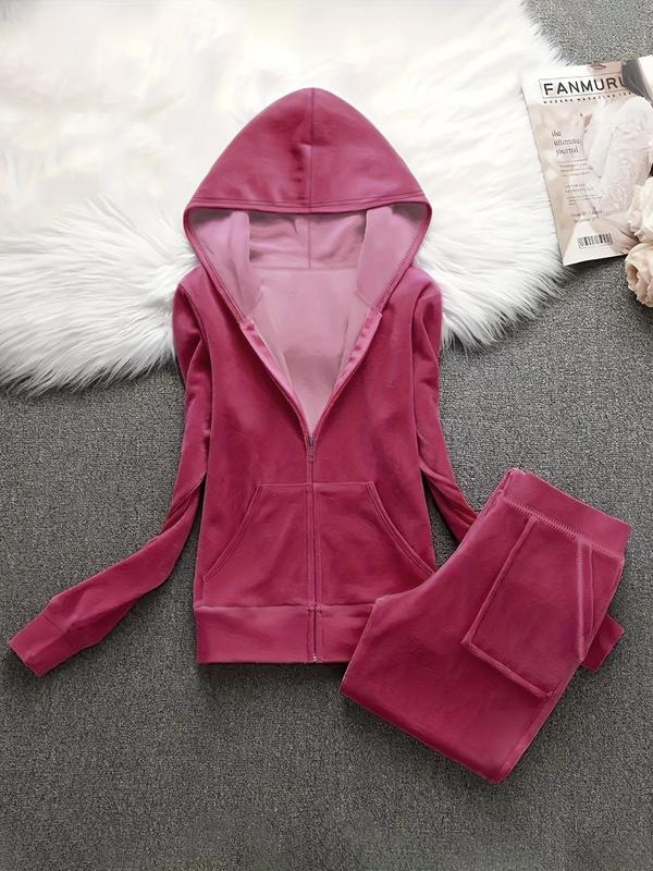 Two-Piece Set Women's Rhinestone Crown Decor Drop Shoulder Zip Up Hoodie & Elastic Waist Pocket Pants, Casual Fashion Cozy Two Piece Outfits for Daily Outdoor Wear, Women Clothes for Fall